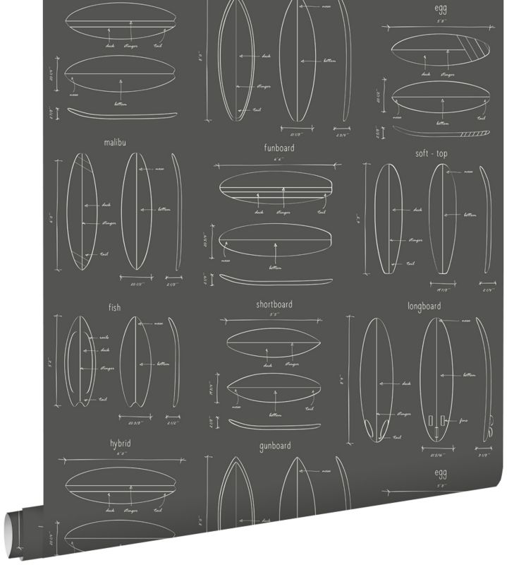 Tapeta ESTAhome rysunki techniczne desek surfingowych ciemnoszarym 53 cm x 10.05 m - 1 rol.
