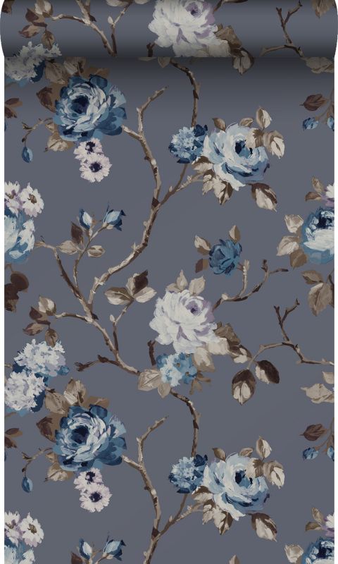 Tapeta Origin Wallcoverings kwiaty vintage blueItaupe 53 cm x 10.05 m - 1 rol.