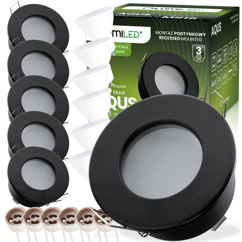 Oprawa Halogenowa Lumiled Oczko Podtynkowa Wpuszczana Okrągła Czarna IP44 LED GU10 6W 3000K 6 szt.