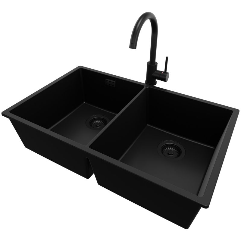 Zlewozmywak podblatowy Londyn Twin PRIMAGRAN 76x47cm do szafki od 80cm, Cały Czarny + Bateria 32x20cm + Syfon, S012, 1 szt.