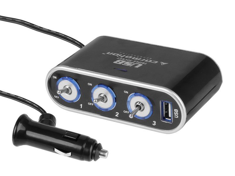 Rozgałęziacz zapalniczki potrójny, Carmotion, 12/24V włączniki, USB 1000 mA, 1 szt.