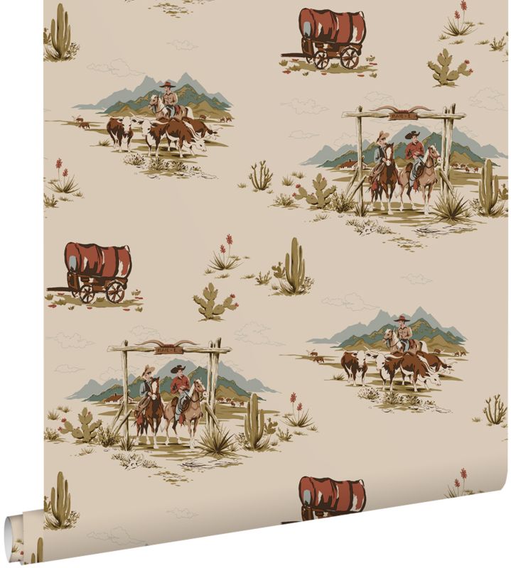 Tapeta ESTAhome kowboje ciemny beż,niebieskimIzielonym 50 x 900 cm - 1 rol.