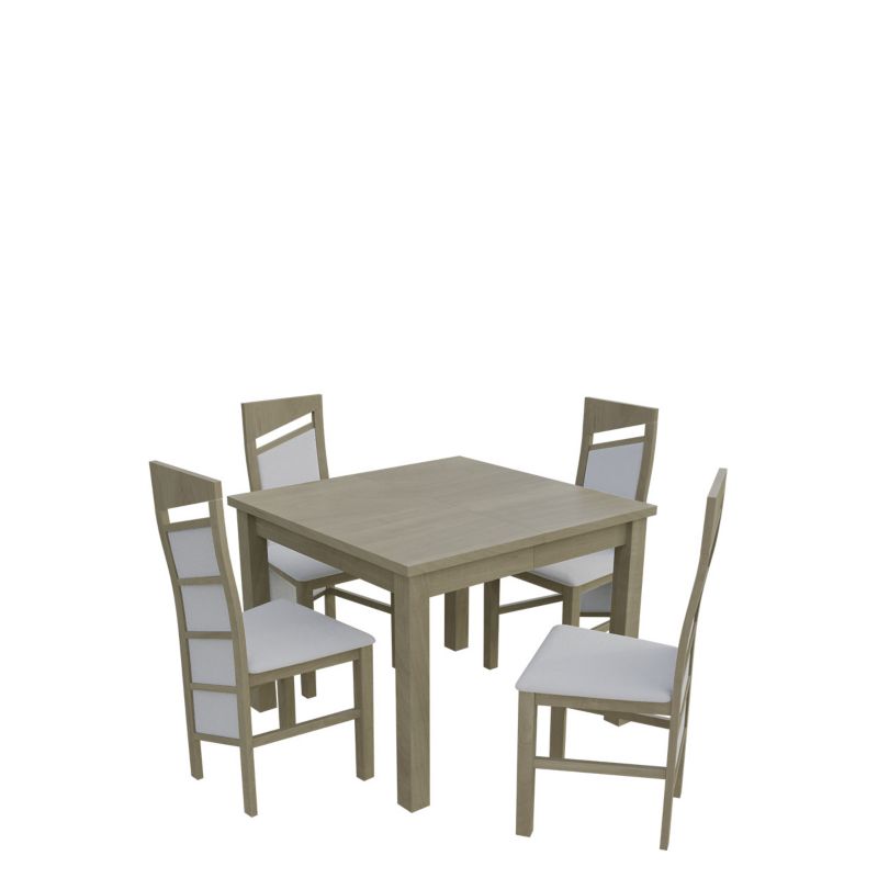 Zestaw RO33 MIRJAN 24 Stół rozkładany S28 90x90/240 + 4 krzesła K61 dąb sonoma + biała ekoskóra 1 kpl.