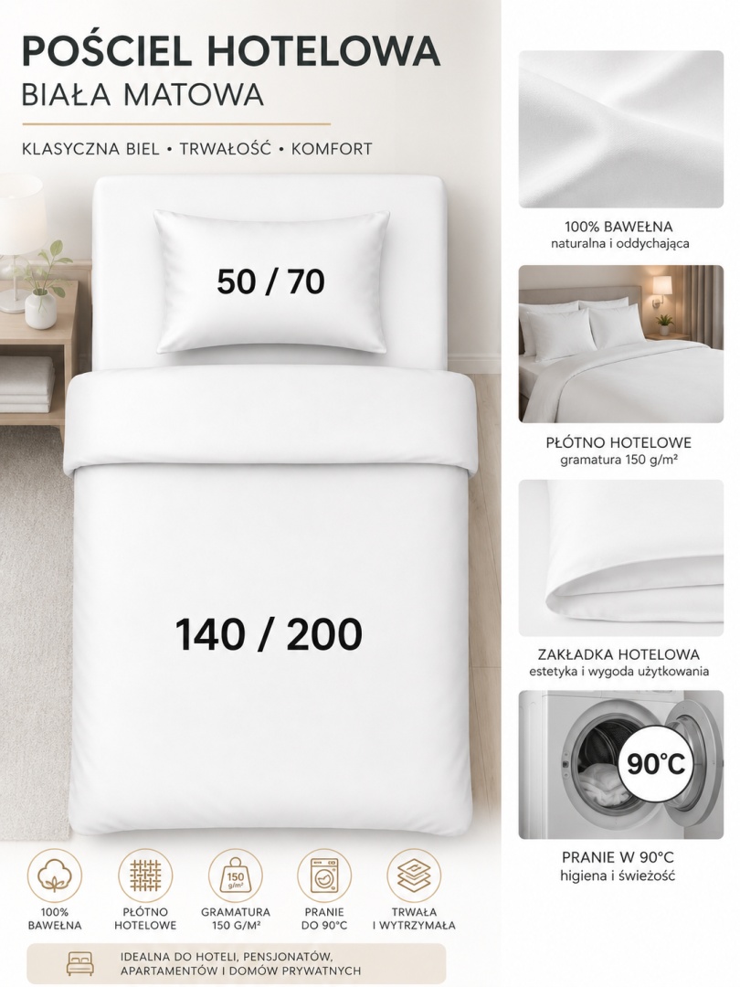Pościel hotelowa PŁÓTNO 140x200 + 50x70 | Zakładka hotelowa | 100% bawełna