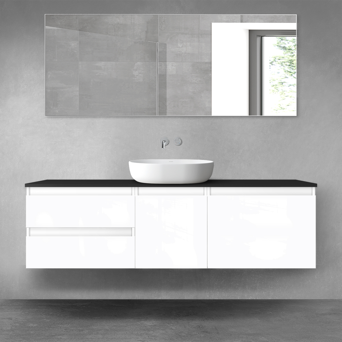 Oltens Vernal zestaw mebli łazienkowych 160 cm z blatem biały połysk/czarny mat 68409000 - Wysyłka w 24h
