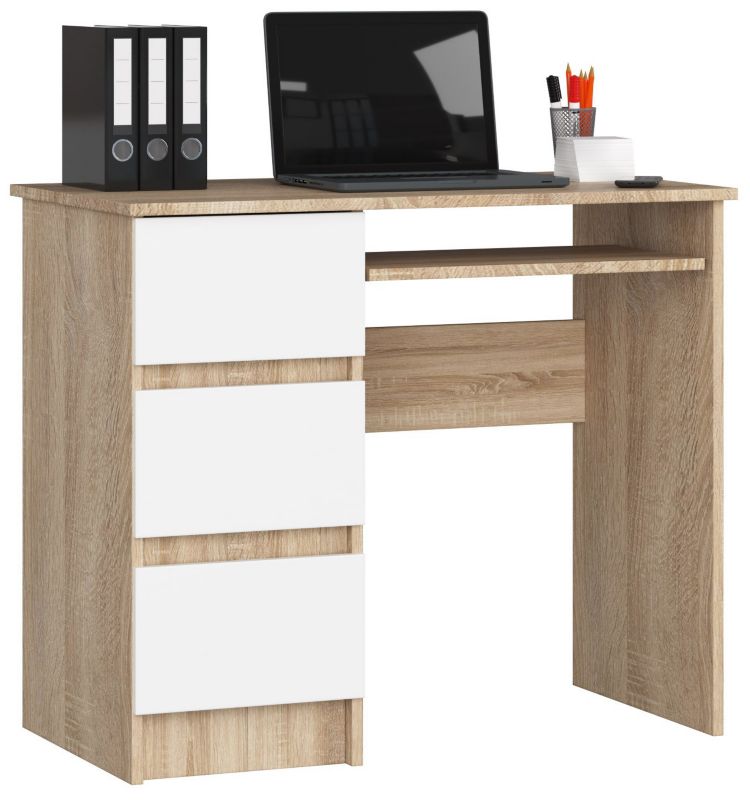 Biurko komputerowe Akord A6 Dąb Sonoma 90 cm lewe 3 szuflady kolor Biały mat 1 półka 90x50x77 cm 1 szt.