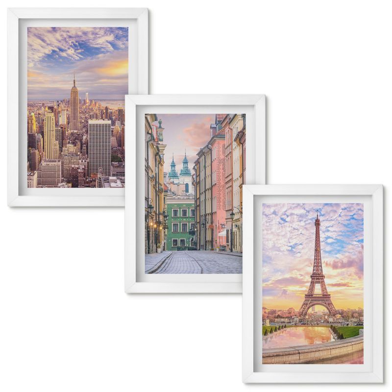 Obrazy do Salonu Wallfluent Miasta Nowy Jork Paryż zmierzch Biała rama 20x30cm 3 szt.