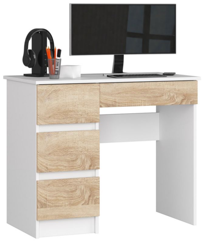 Biurko komputerowe Akord A7 Białe 90 cm lewe 4 szuflady kolor Dąb Sonoma mat 90x50x77 cm 1 szt.