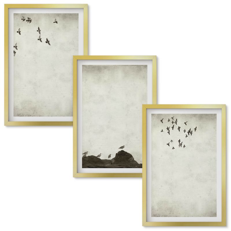 Zestaw obrazów Wallfluent Lecące ptaki minimalizm Złota rama 40x60 cm 3 szt.