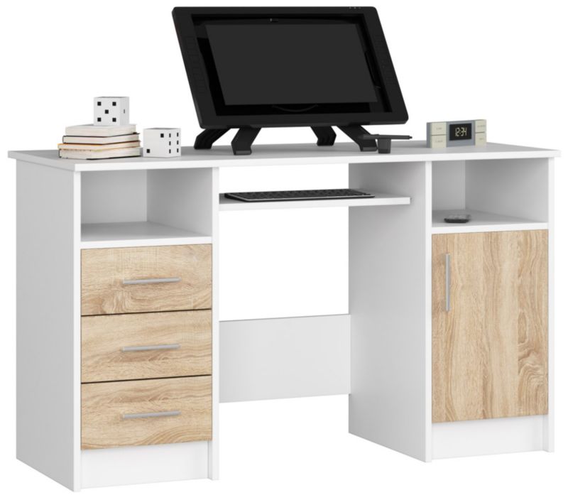 Biurko Akord Ana Białe 124 cm biurko komputerowe 1 drzwi 3 szuflady kolor Dąb Sonoma mat 5 półek 124x52x74 cm 1 szt.