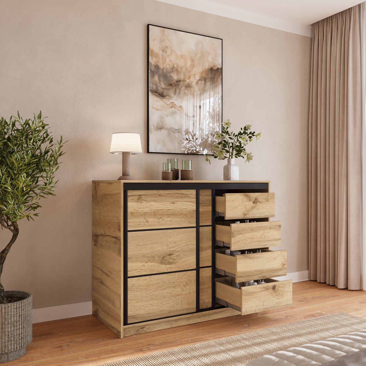 Loftowa komoda przesuwna z szufladami do sypialni 120 cm LOFT