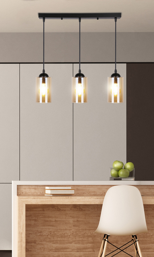 Czarna brązowa lampa wisząca sufitowa 3-płomienna do salonu BISTRO metal szkło
