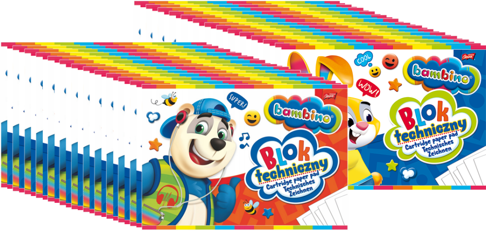 50x Blok techniczny Bambino Zwierzaki Uczniaki, A4, 10 kartek, biały