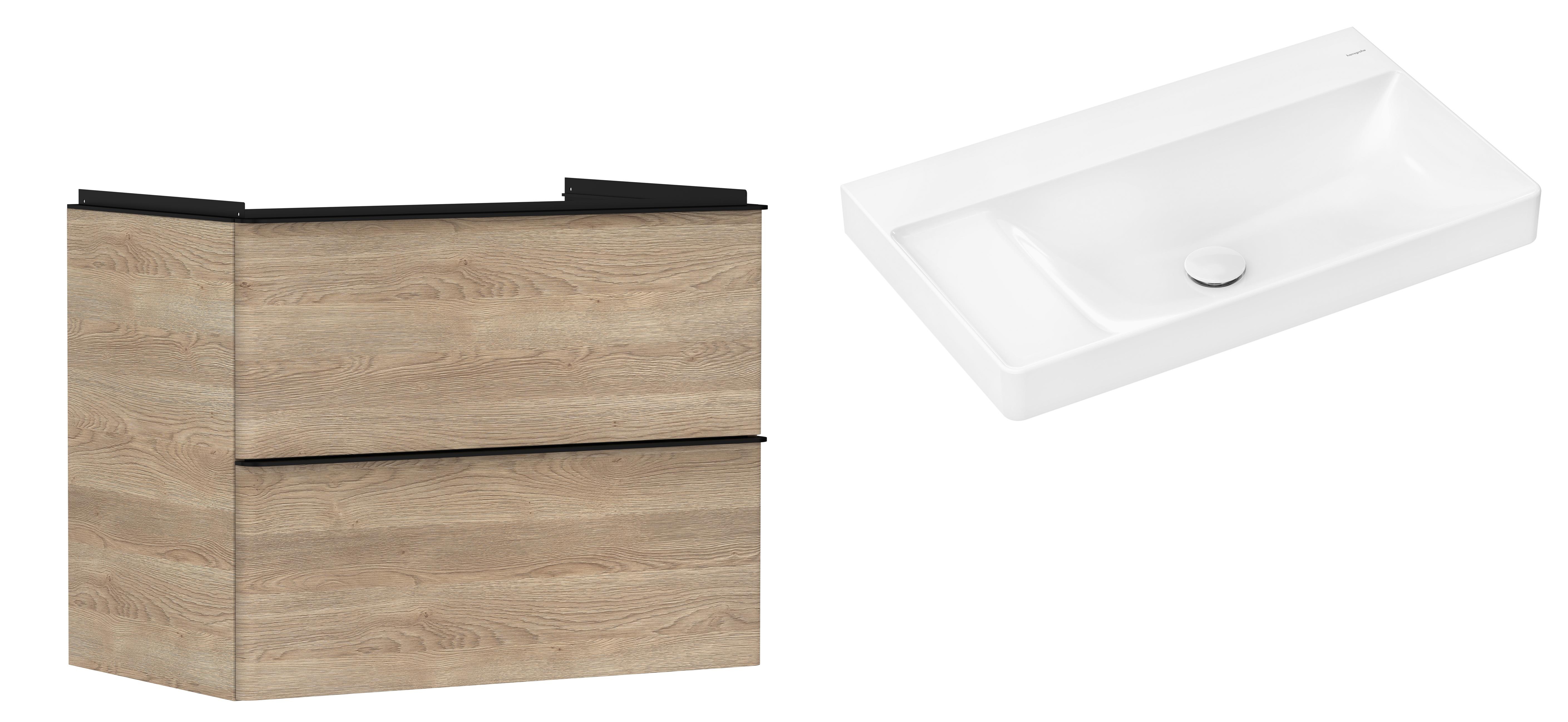 Hansgrohe Xelu Q szafka wisząca z umywalką 80x48 cm naturalny dąb/czarny mat/biały (54029670, 61032450)