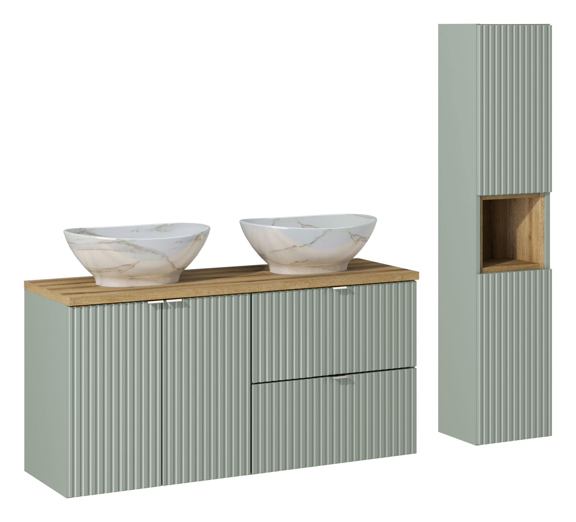 Comad Line Reed Green zestaw mebli łazienkowych szafka 120 cm podumywalkowa wisząca z umywalkami i szafka wysoka 140 cm zielona SET-LRG B ...