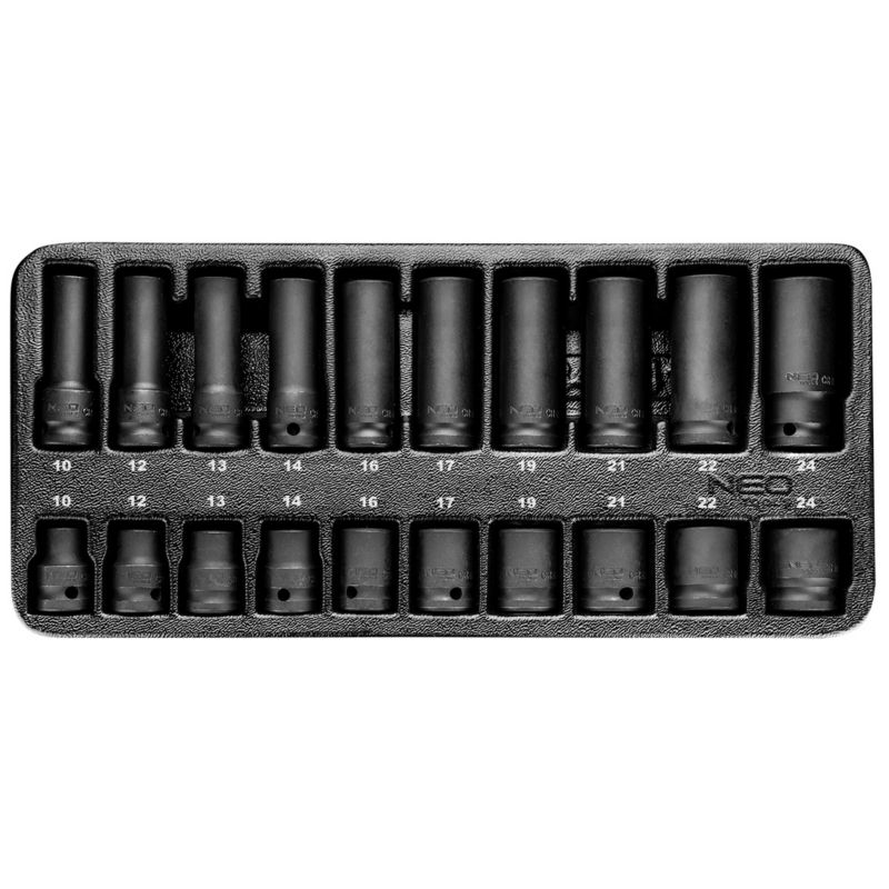 Nasadki udarowe NEO TOOLS 1/2", 10-24 mm, zestaw 20 szt., wkładka 1 kpl