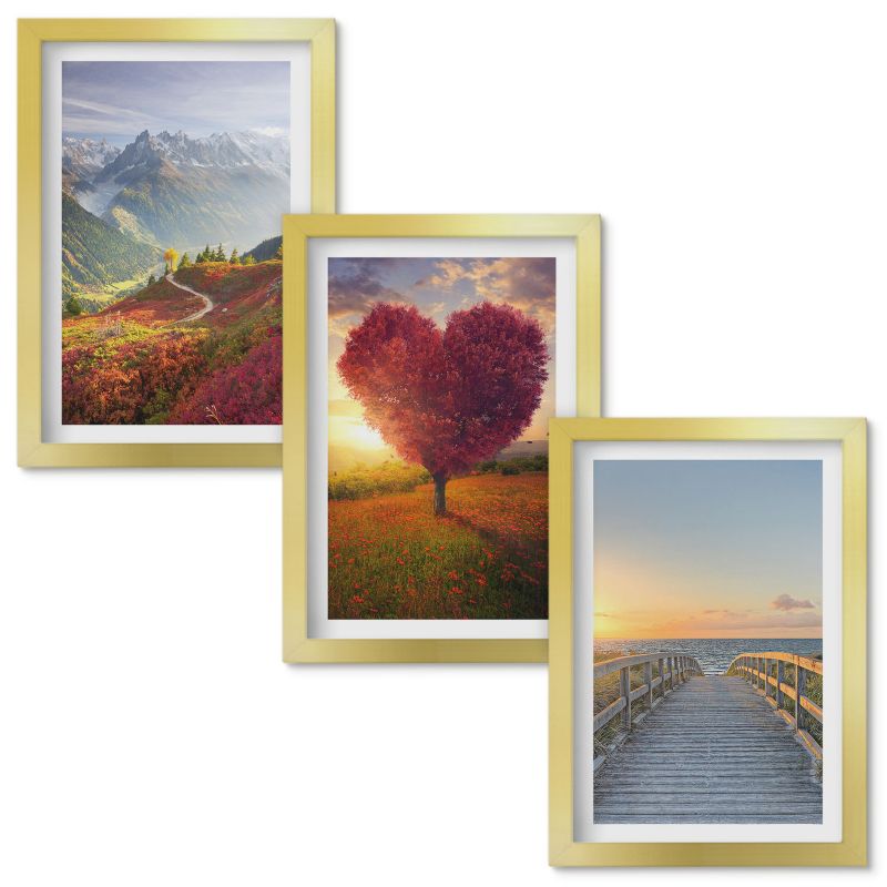 Obrazy Do Sypialni Wallfluent Krajobrazy gór drzewo serce molo Złota rama 20x30cm 3 szt.