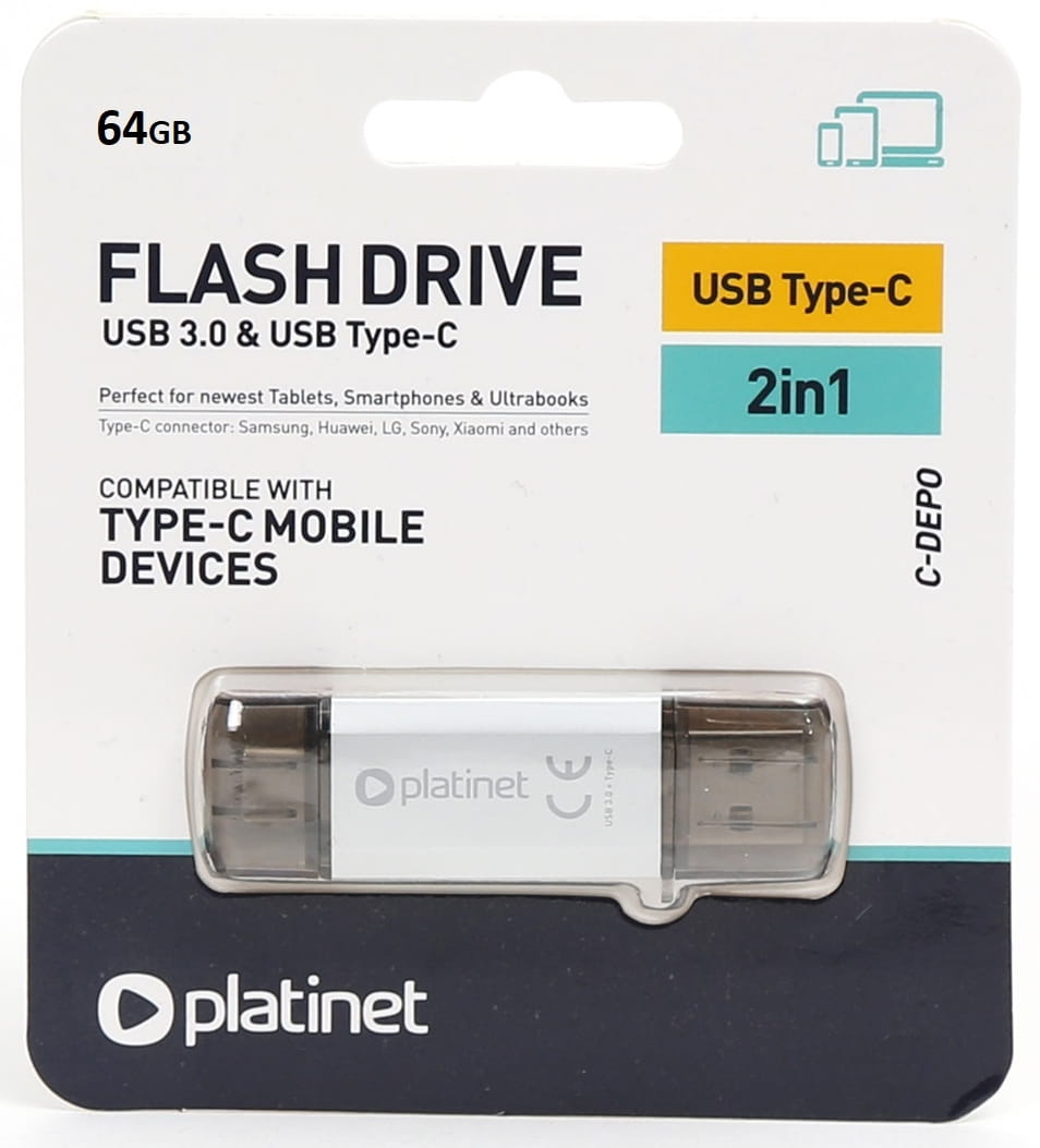 PLATINET USB 3.0 Pendrive 64GB + USBC DUAL 45605 CC-DEPO PMFC64S SIVER - Henryx24