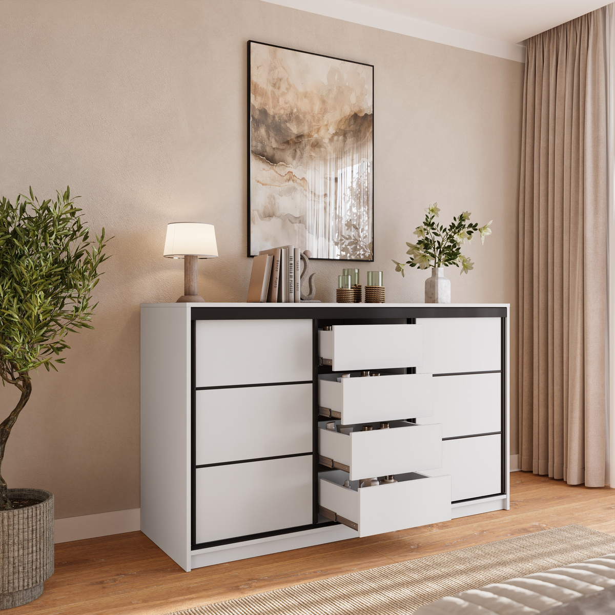 Biała komoda przesuwna 160 cm z szufladami do sypialni LOFT