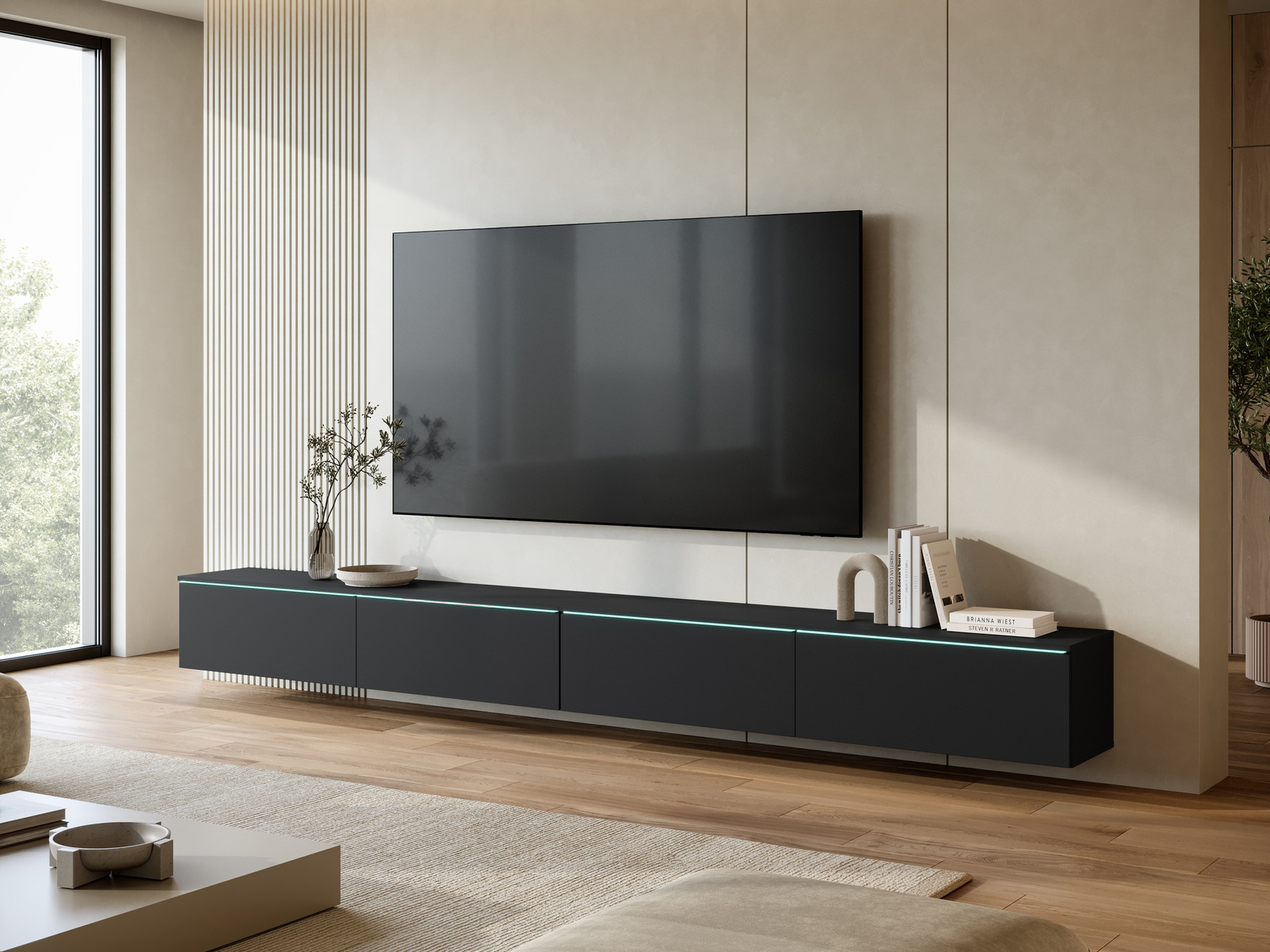 Szafka RTV 300 cm wisząca z oświetleniem LED BROMI grafit