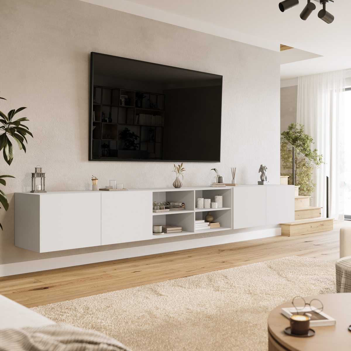 Biała szafka RTV 300 cm wisząca z półkami do salonu LORI