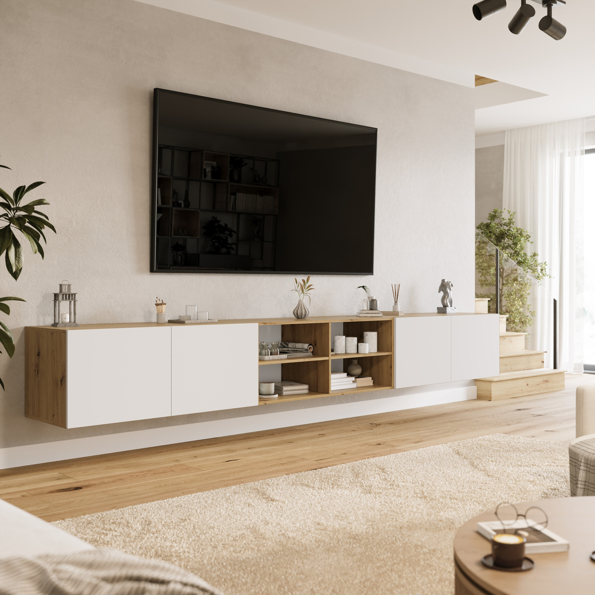 Wisząca szafka RTV 300 cm z półkami do salonu LORI