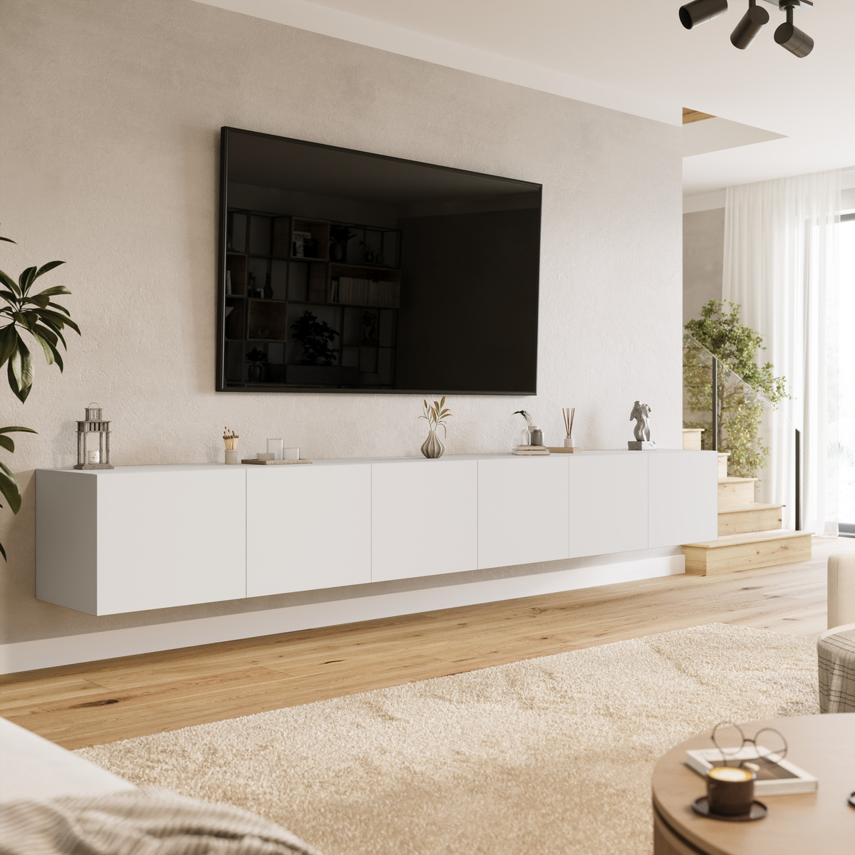 Wisząca szafka RTV 300 cm z półkami do salonu LORI biały