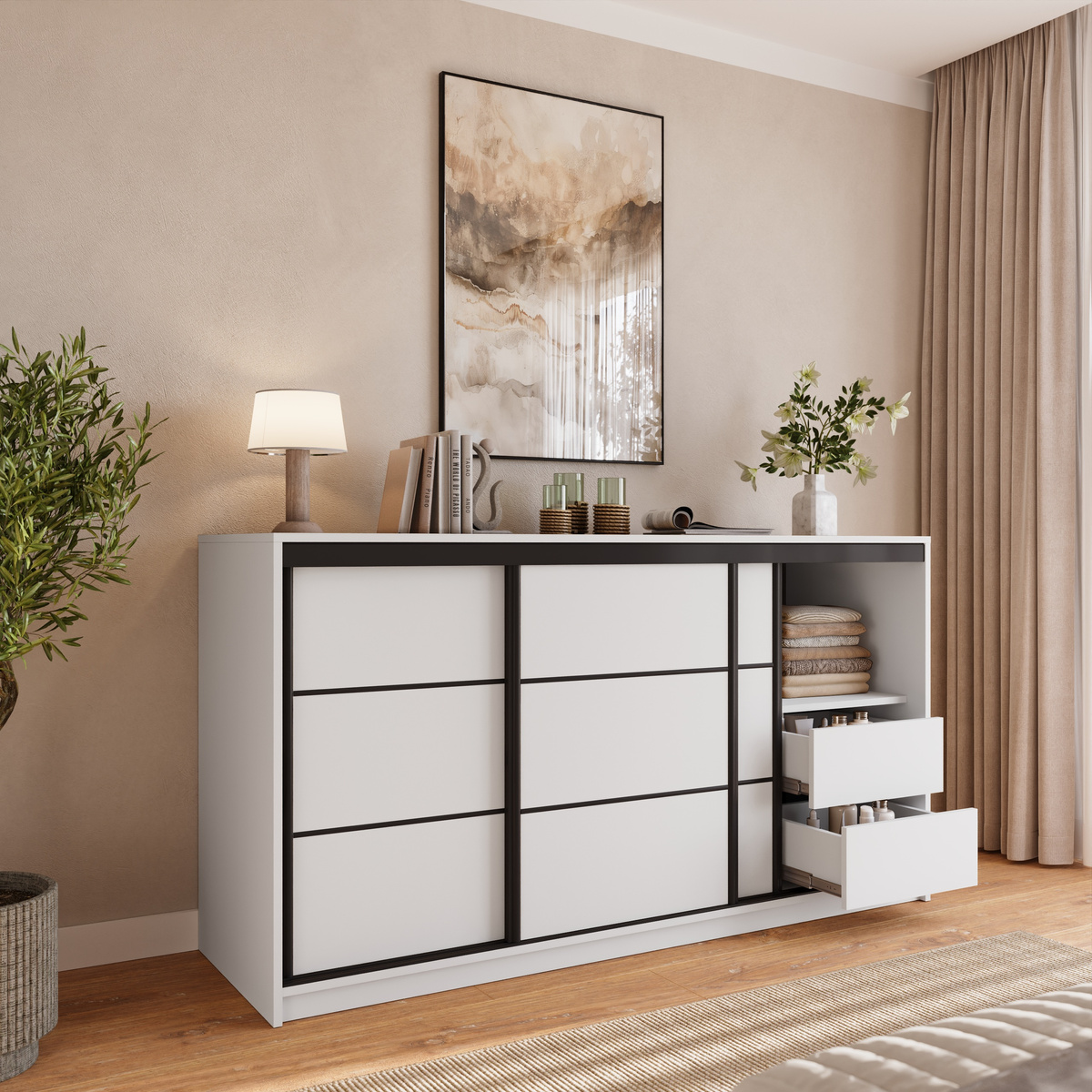 Biała komoda trzydrzwiowa z szufladami i drążkiem LOFT 180 cm