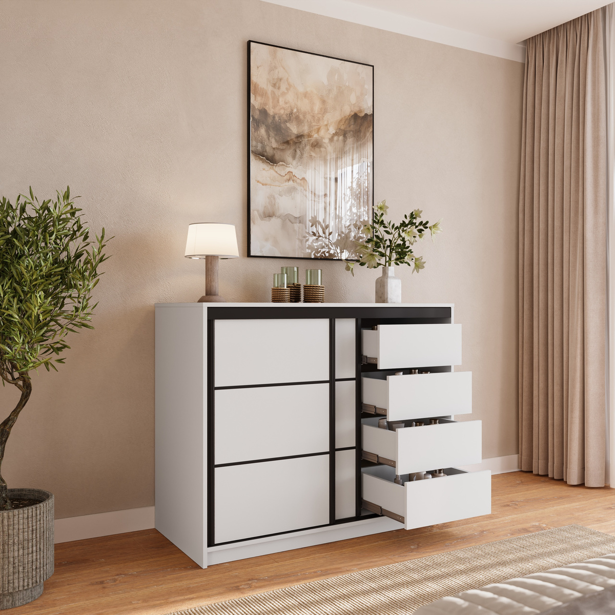Biała komoda przesuwna 120 cm z szufladami LOFT