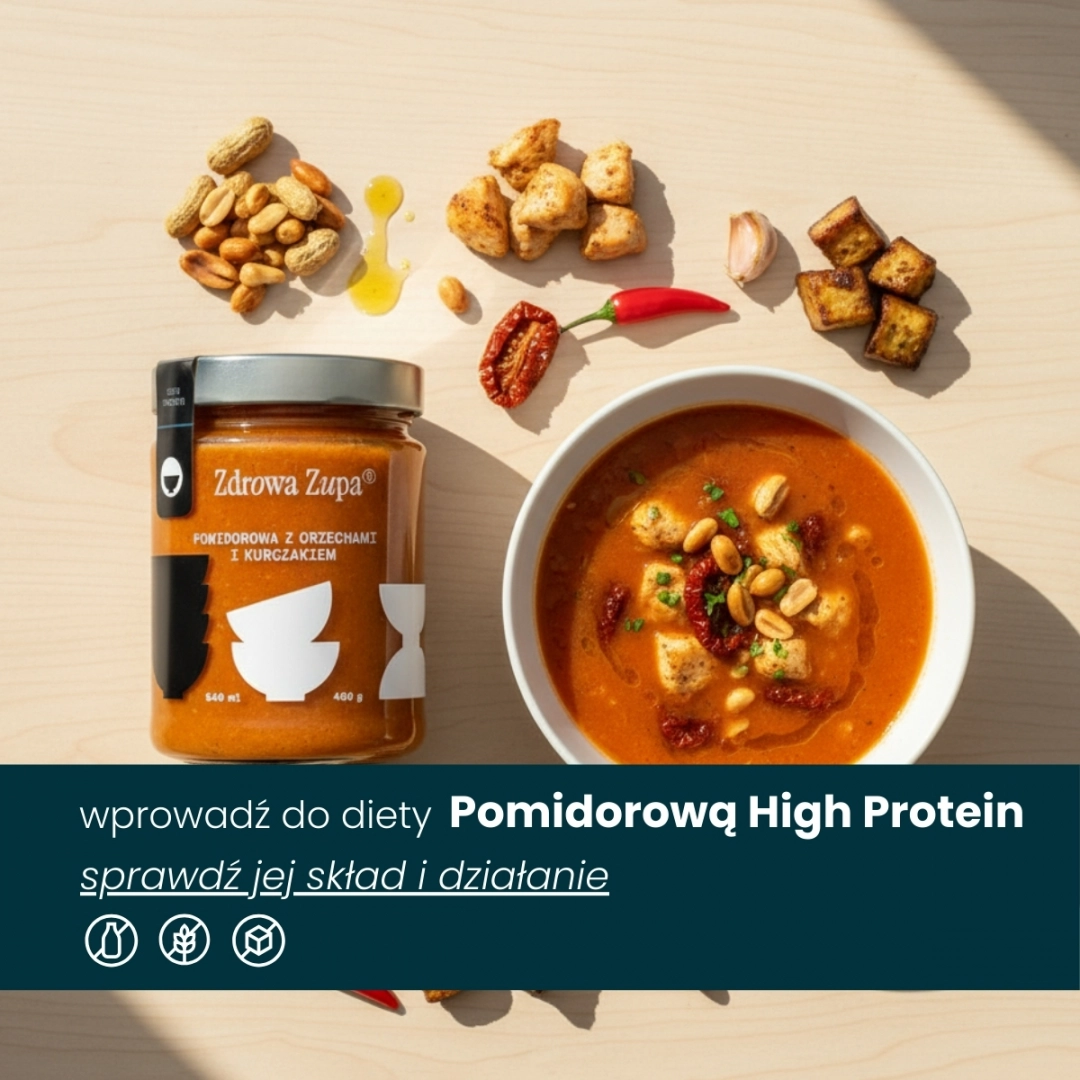 Wysokobiałkowa pomidorowa z orzechami i kurczakiem (high protein, 29g białka, spalanie, bez glutenu, bez laktozy, czysty skład 540 ml, do lodówki)
