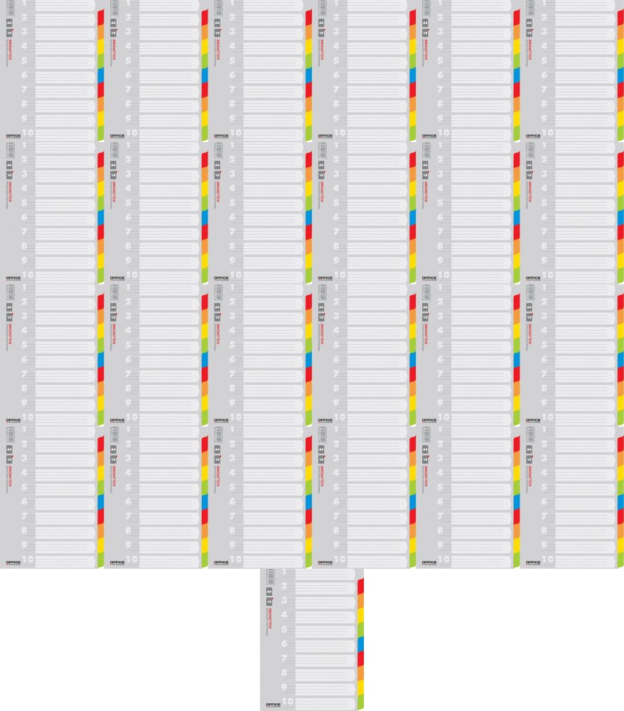 25x Przekładki do segregatora Office Products, kartonowe, A4, 10 kart, mix kolorów