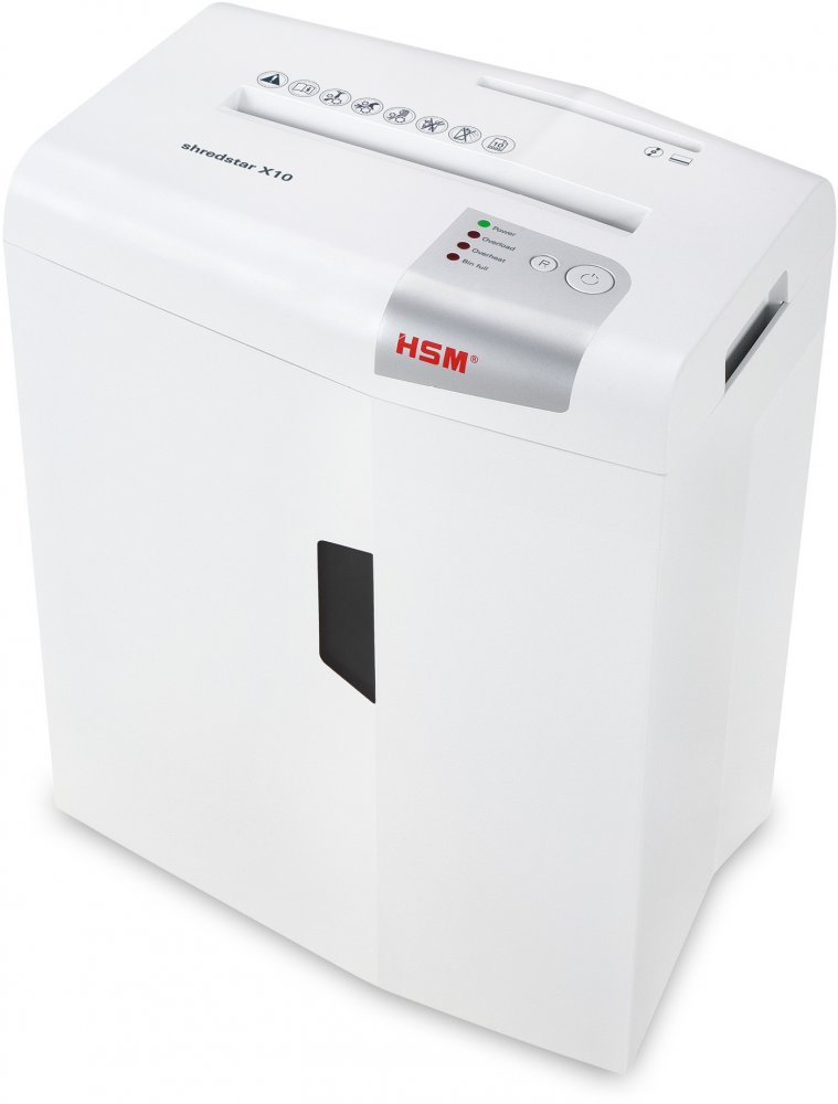 Niszczarka do papieru HSM Shredstar X10, ścinek 4.5x30mm, 10 kartek, P-4/O-1/T-2/E-2/F-1 DIN, biały