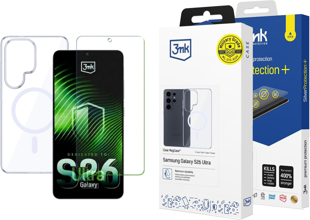 Zestaw: Etui na telefon Clear MagCase + Folia ochronna na telefon 3mk SilverProtection+, do Samsung Galaxy S26 Ultra