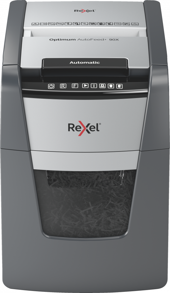 Niszczarka do papieru Rexel Optimum AutoFeed+ 90X, automatyczna, konfetti 4x28 mm, 90 kartek, P-4 DIN, czarno-srebrny