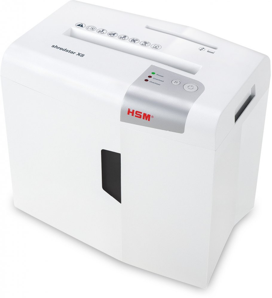 Niszczarka do papieru HSM Shredstar X8, ścinek 4.5x30mm, 8 kartek, O-1/P-4/T-2/F-1/E-2, biały