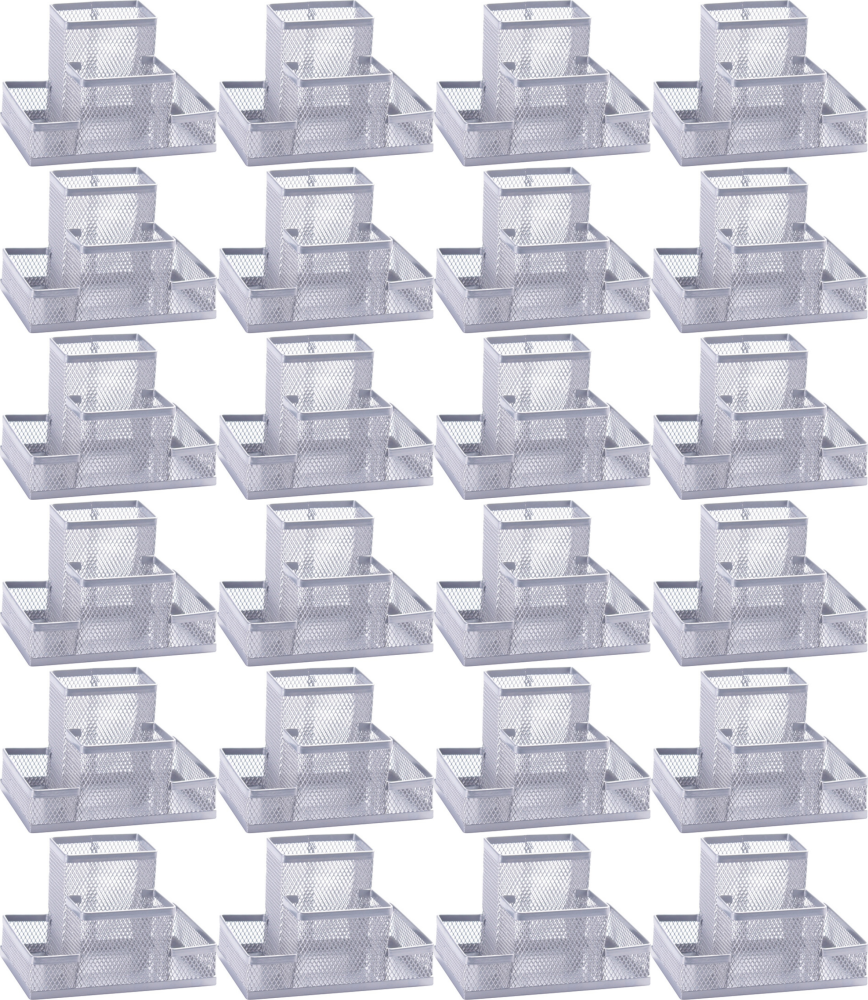 24x Przybornik na biurko Q-Connect Office Set, bez wyposażenia, metalowy (druciany), 4 przegrody, 153x103x100mm, srebrny