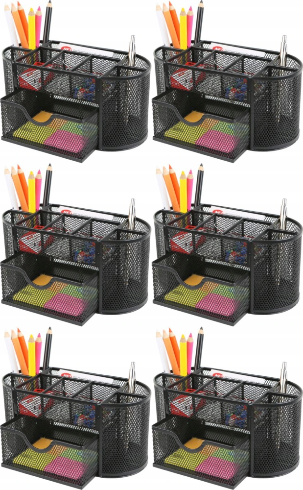 6x Przybornik na biurko Net Jumbo Z9087A, 8 przegród+szufladka, 220x110x104mm, czarny