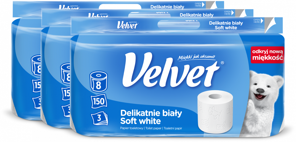 3x Papier toaletowy Velvet, 3-warstwowy, 8 rolek, delikatnie biały