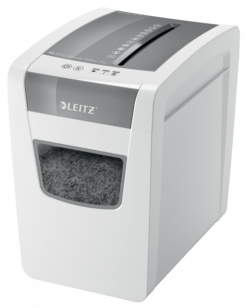 Outlet: PO ZWROCIE Niszczarka do papieru Leitz IQ Home Office Slim P4, konfetti 4x28mm, 10 kartek, P-4 DIN, biały