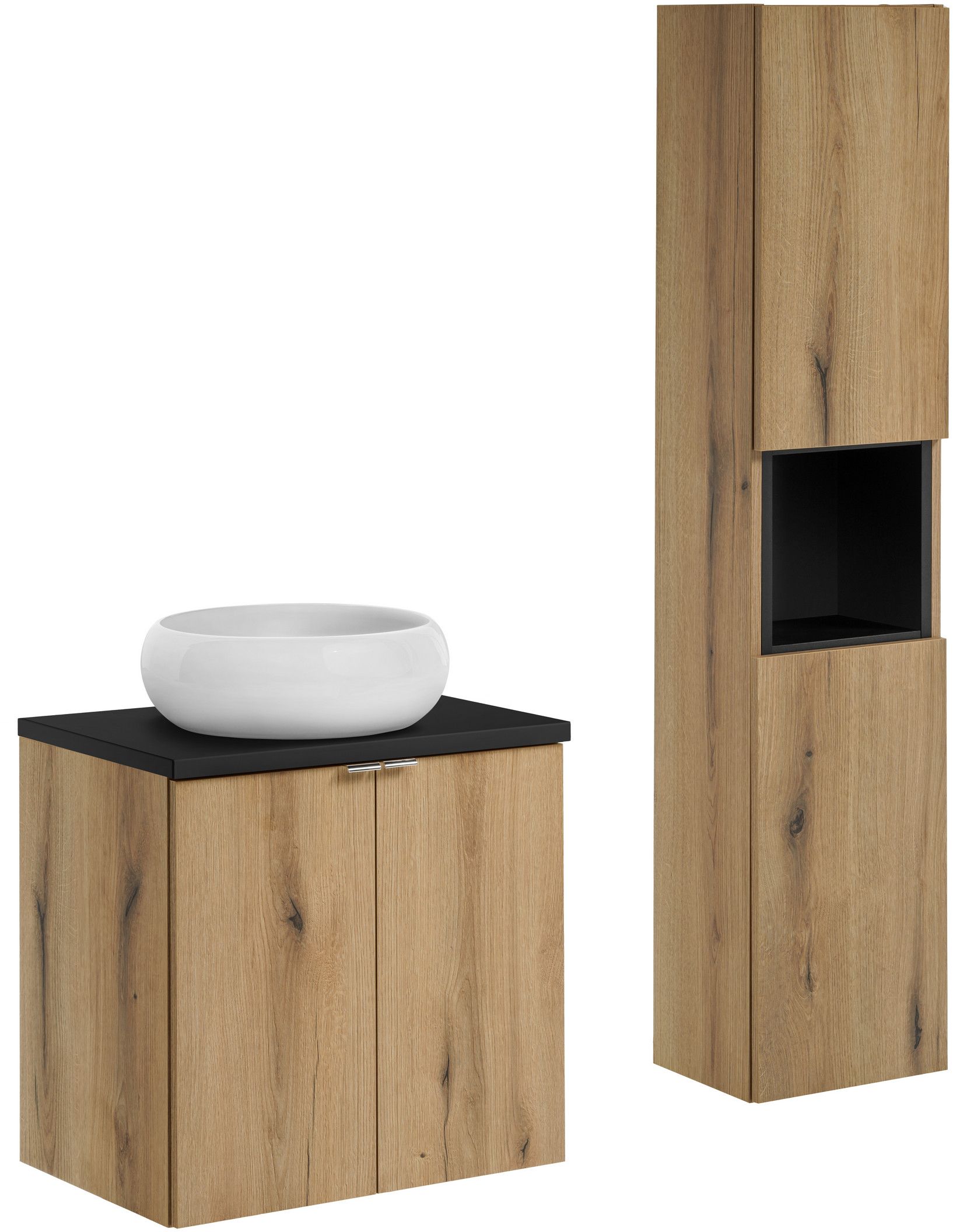 Zestaw Comad Nova Oak/Black szafka z blatem 60 cm wisząca i umywalka Wiki 36x36 cm z szafką boczną wysoką z wkładem dąb/czarny ...