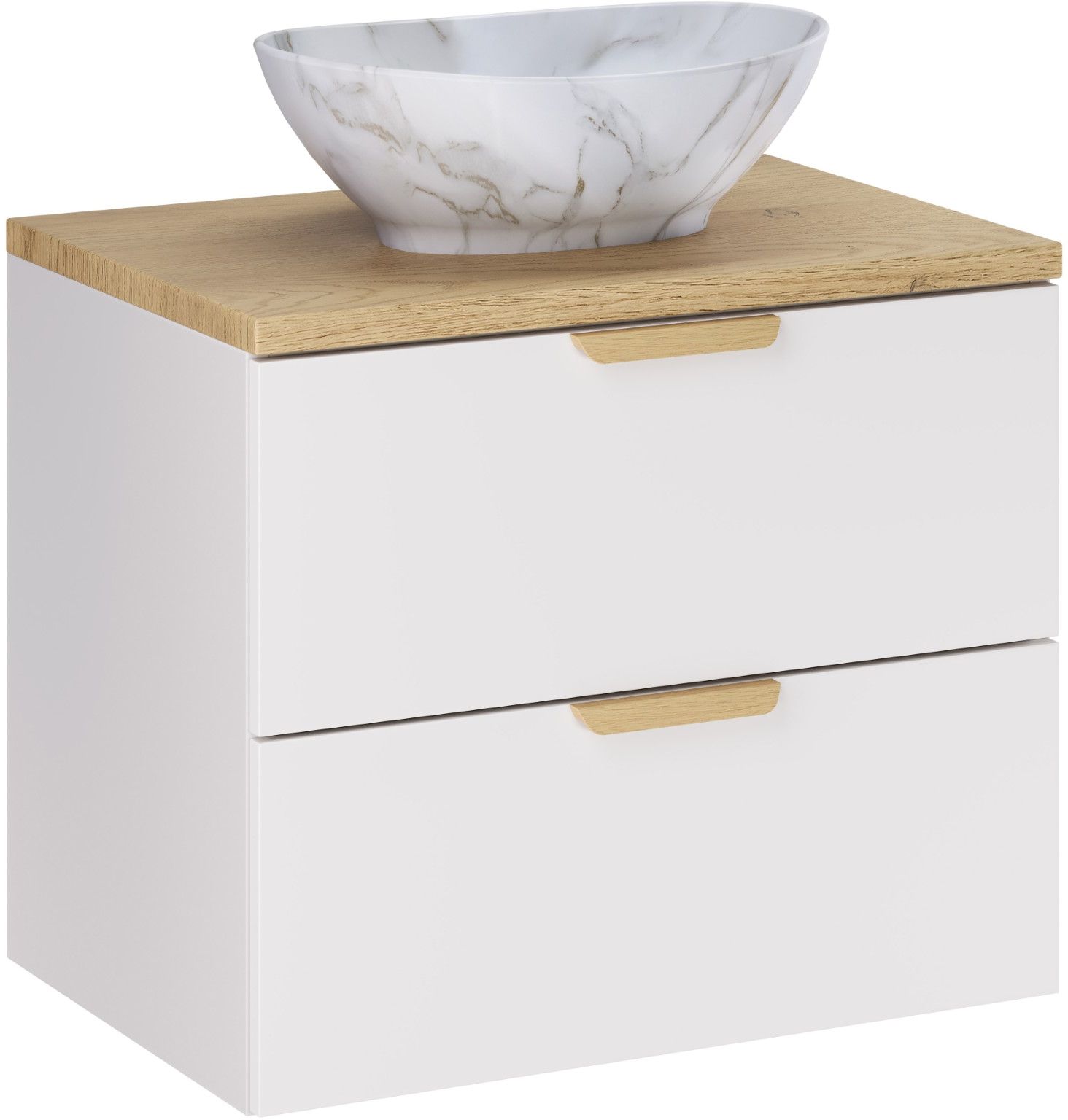 Zestaw Comad Aster White szafka 60 cm podumywalkowa wisząca z blatem 60 cm i umywalką biały/dąb SET-ASW B CREMONA 60CM UN PATI