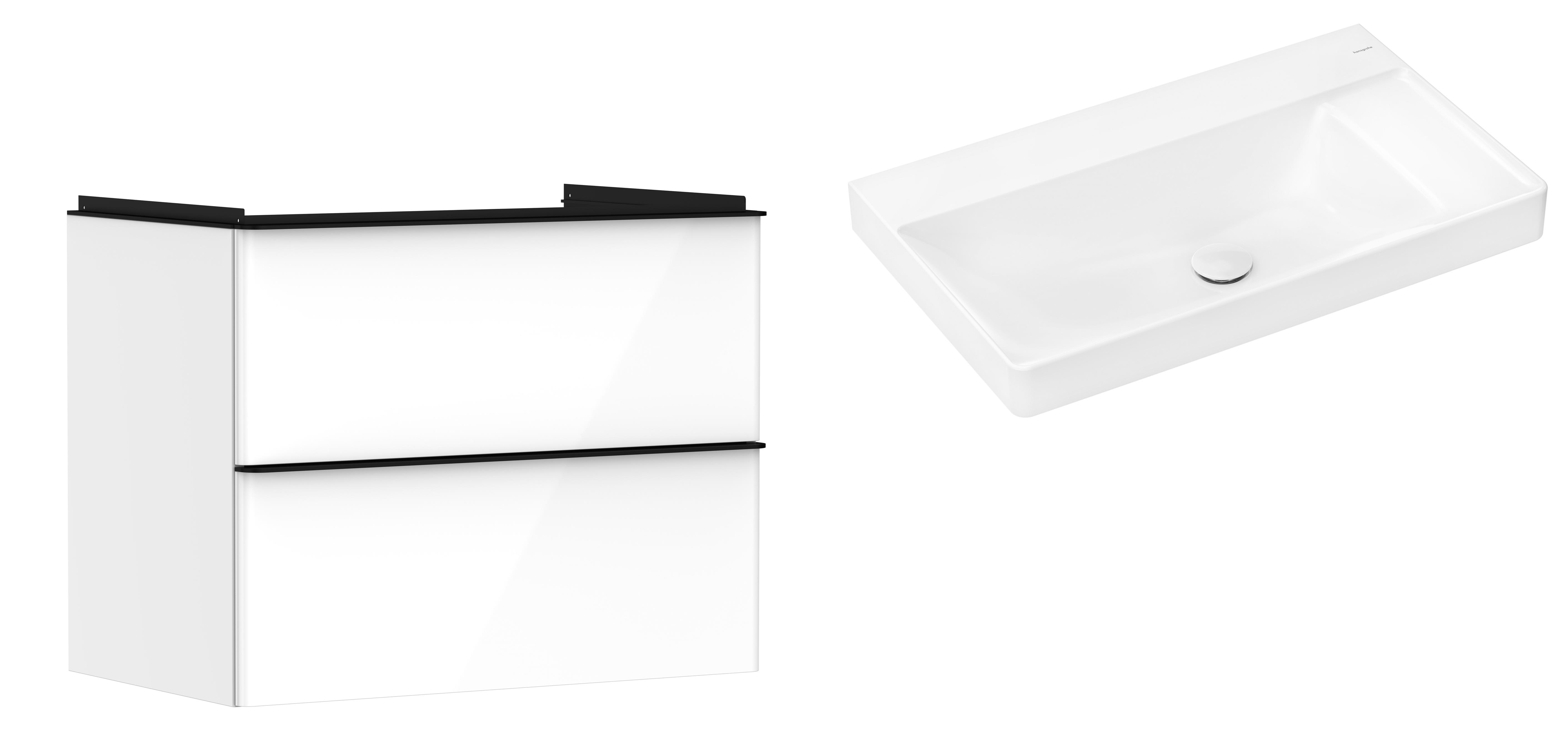 Hansgrohe Xelu Q szafka wisząca z umywalką 80x48 cm biały wysoki połysk/czarny mat/biały (54027670, 61026450)