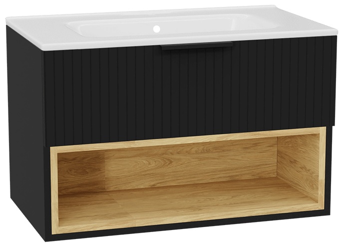 Zestaw Excellent Tuto 2.0 szafka 80 cm podumywalkowa wisząca z umywalką Pik czarny-dąb/biały MLEX.2171.K.80.0365.BKBK
