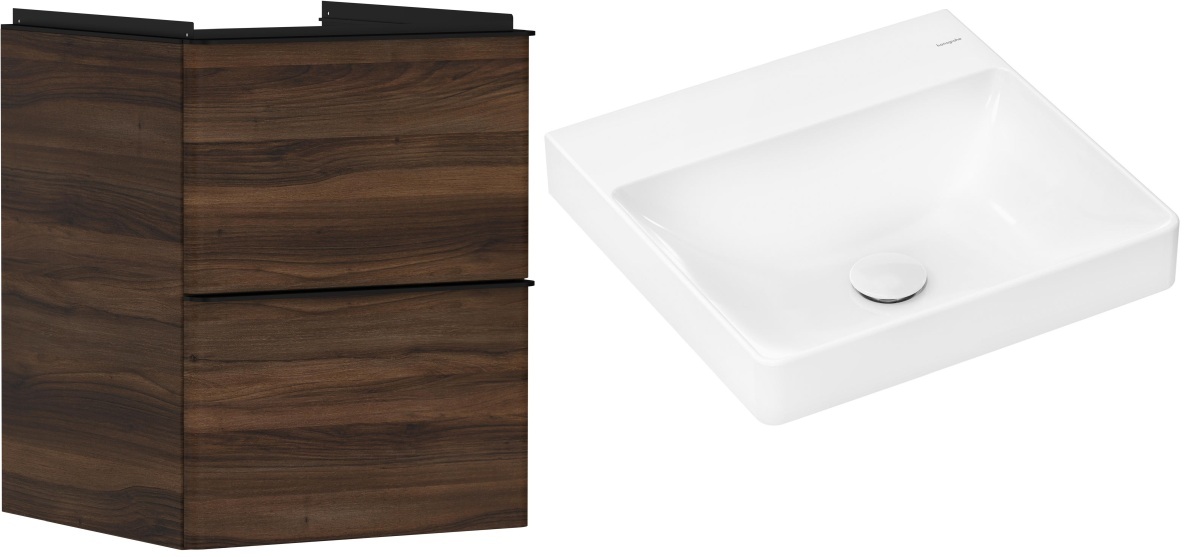 Hansgrohe Xelu Q szafka wisząca z umywalką 50x48 cm ciemny orzech/czarny mat/biały (54022670, 61013450)