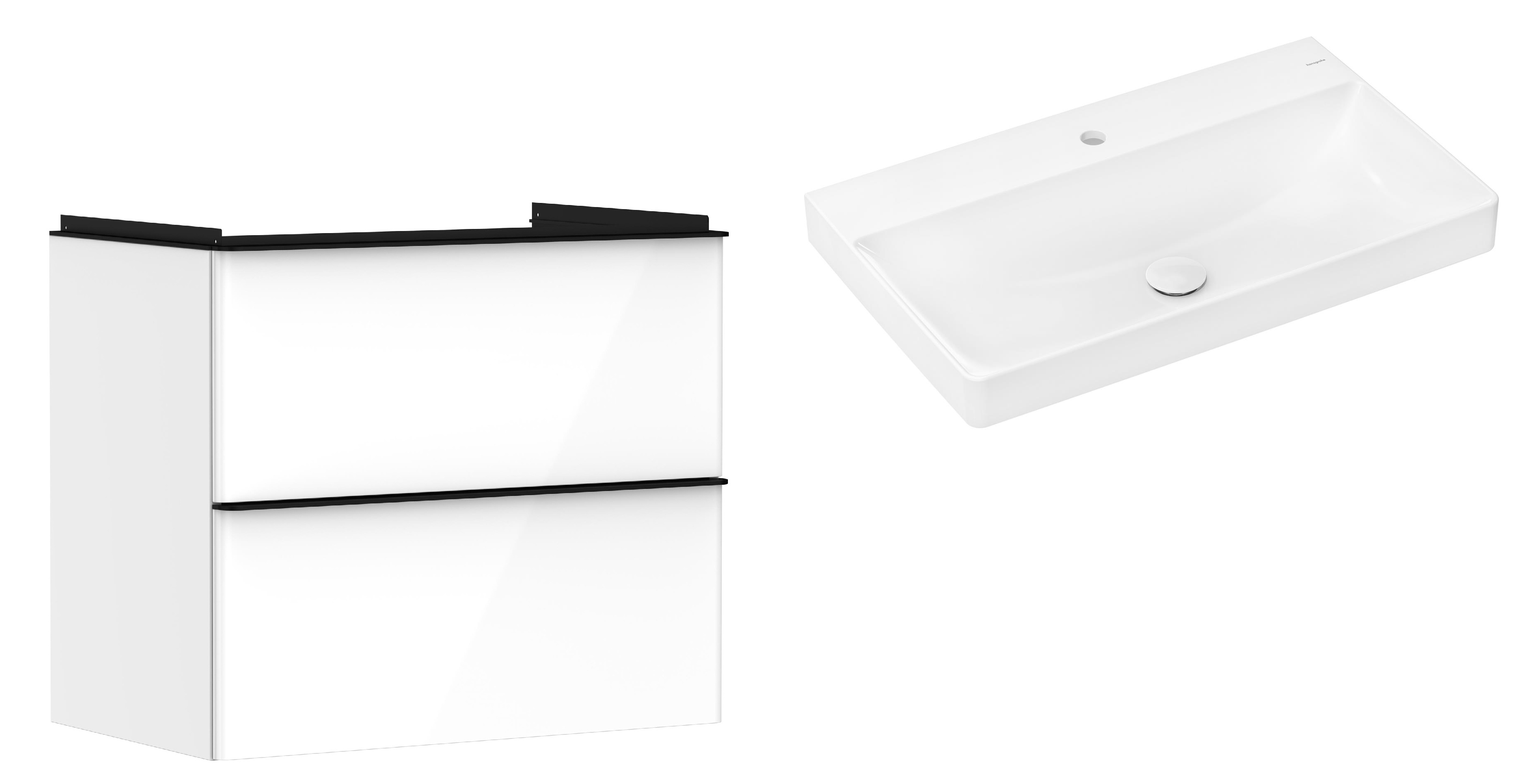 Hansgrohe Xelu Q szafka wisząca z umywalką 80x48 cm biały wysoki połysk/czarny mat/biały (54027670, 61020450)