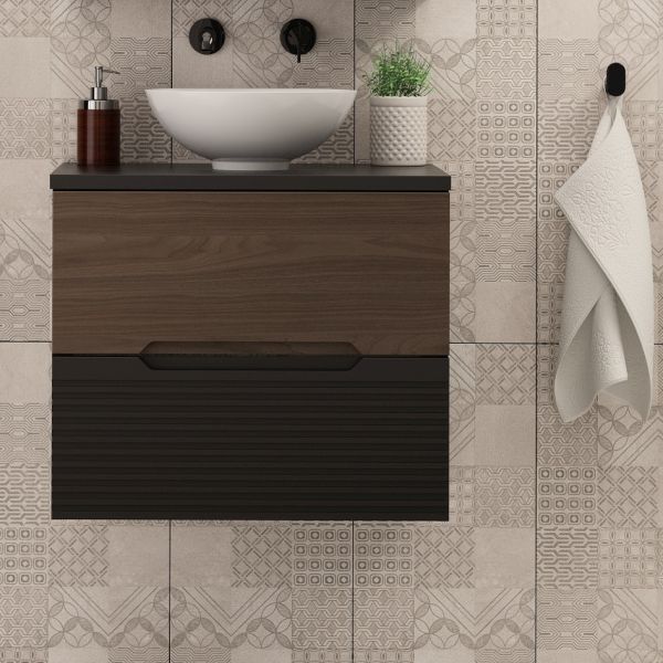 Zestaw Megstyl Avella szafka 60x45,8x50 cm podumywalkowa wisząca czarna-orzech z blatem czarnym (2033, 2516) - Wysyłka w 24h