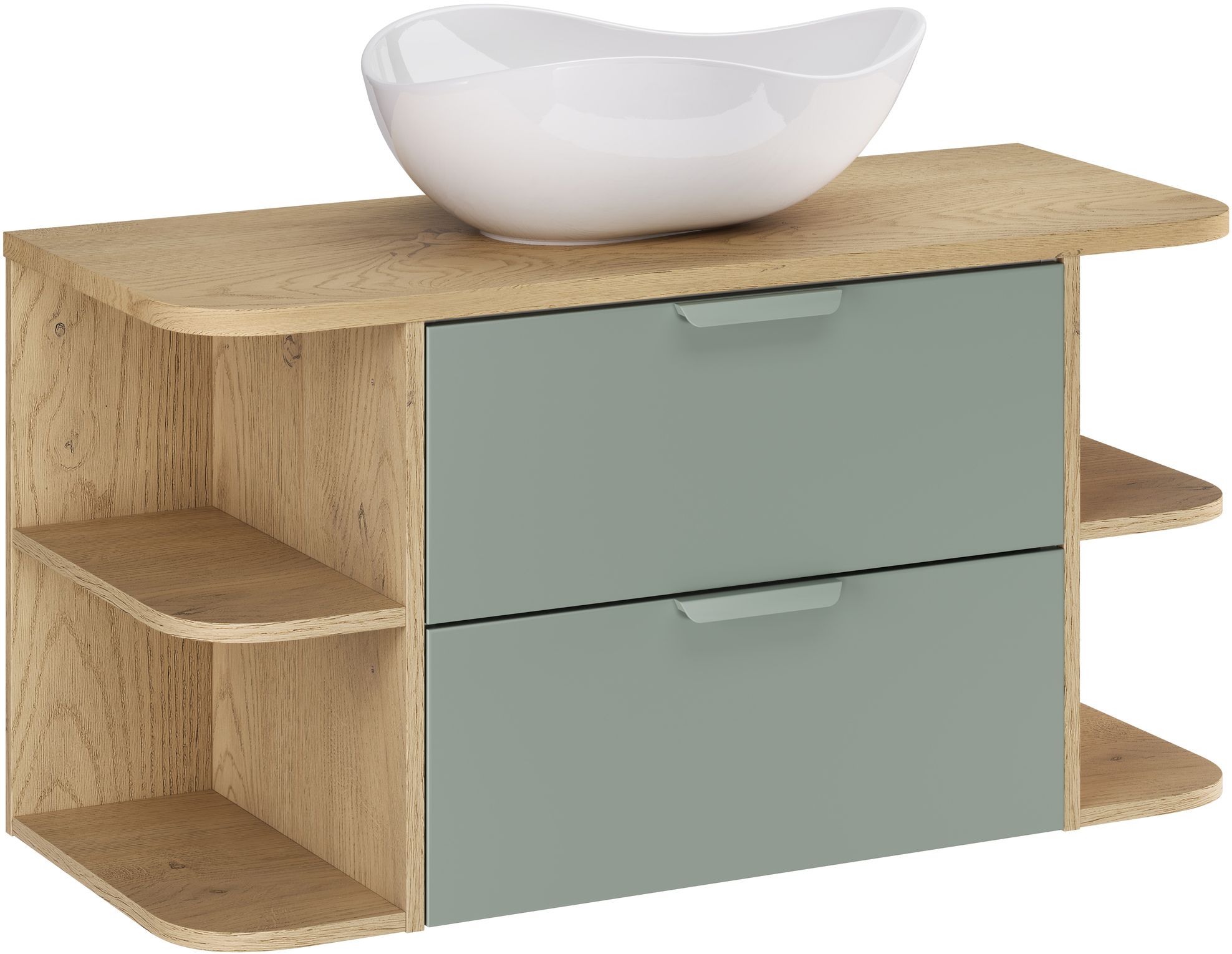 Zestaw Comad Aster Green szafka 60 cm podumywalkowa wisząca z blatem 100 cm, dwoma regałami 20 cm otwartymi i umywalką zielony/dąb ...