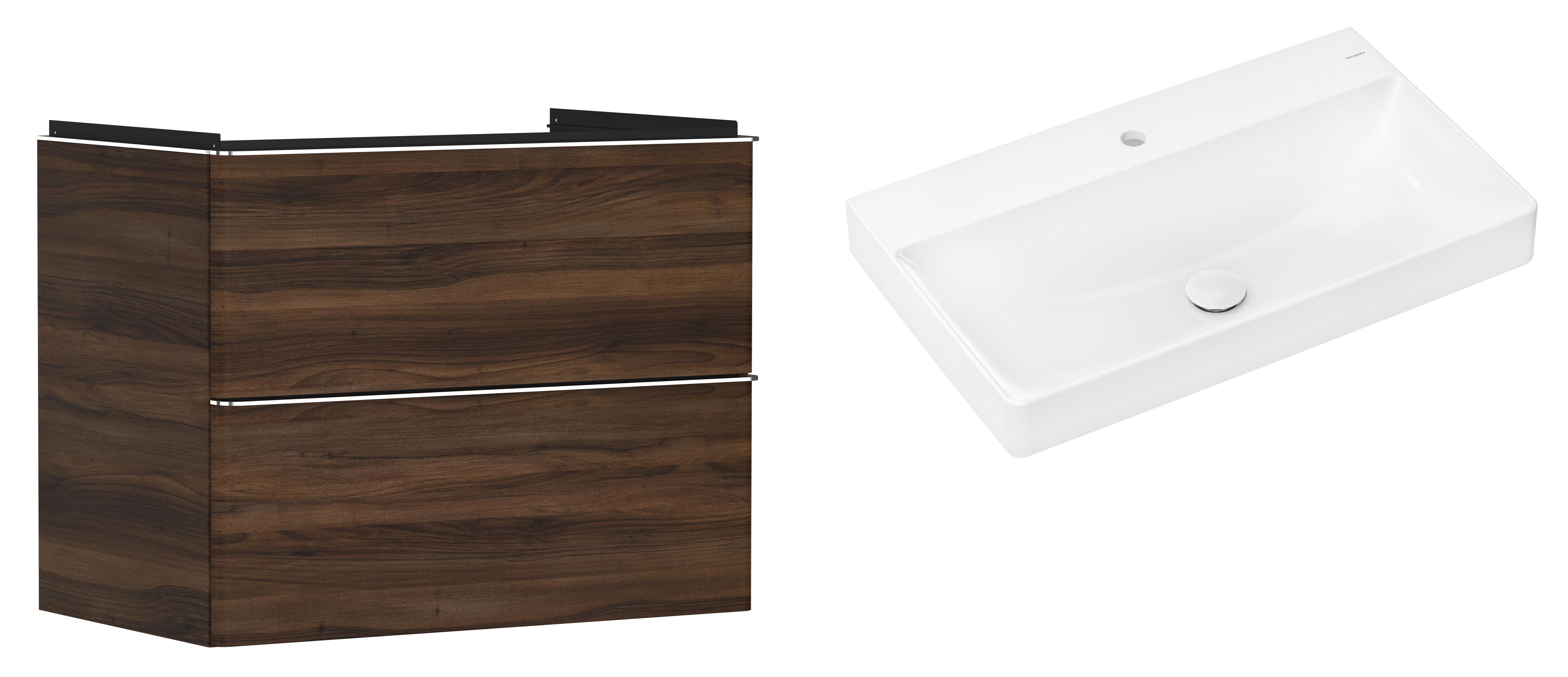 Hansgrohe Xelu Q szafka wisząca z umywalką 80x48 cm ciemny orzech/chrom/biały (54030000, 61020450)