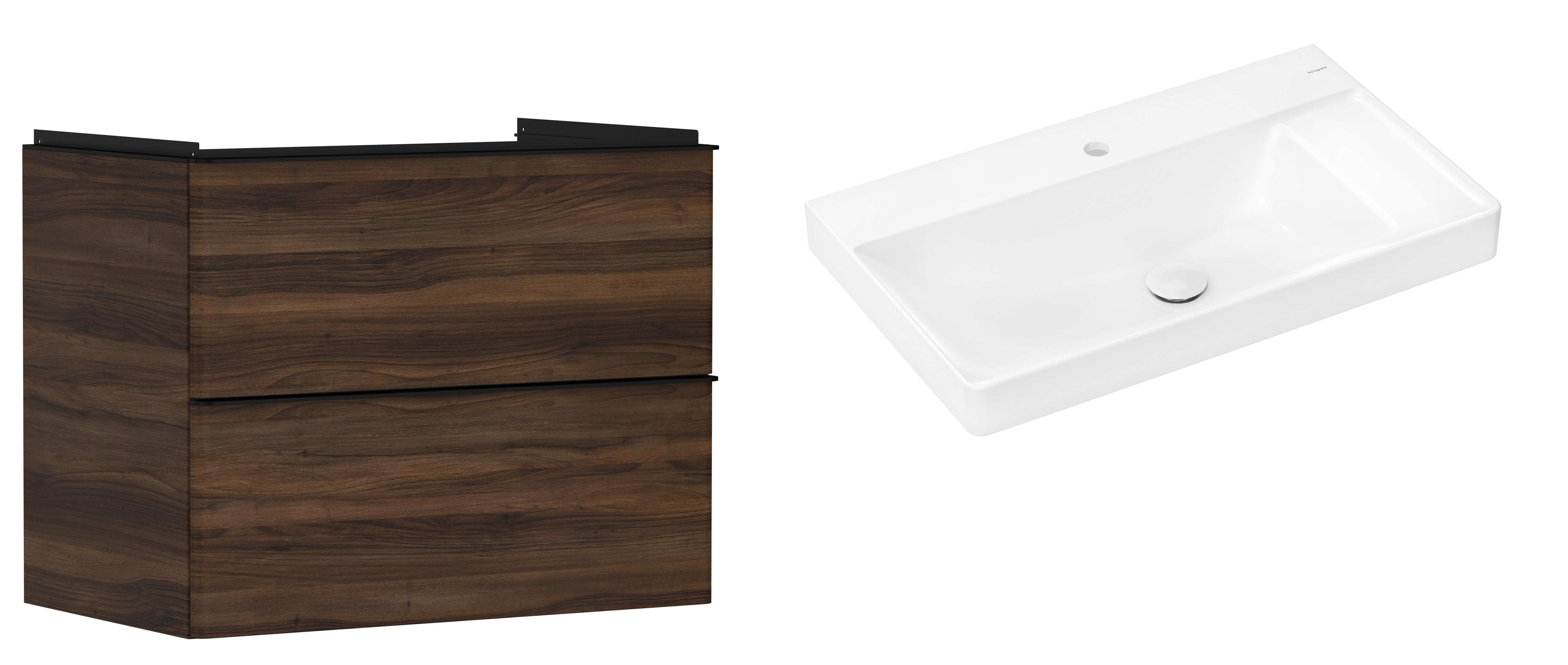 Hansgrohe Xelu Q szafka wisząca z umywalką 80x48 cm ciemny orzech/czarny mat/biały (54030670, 61024450)