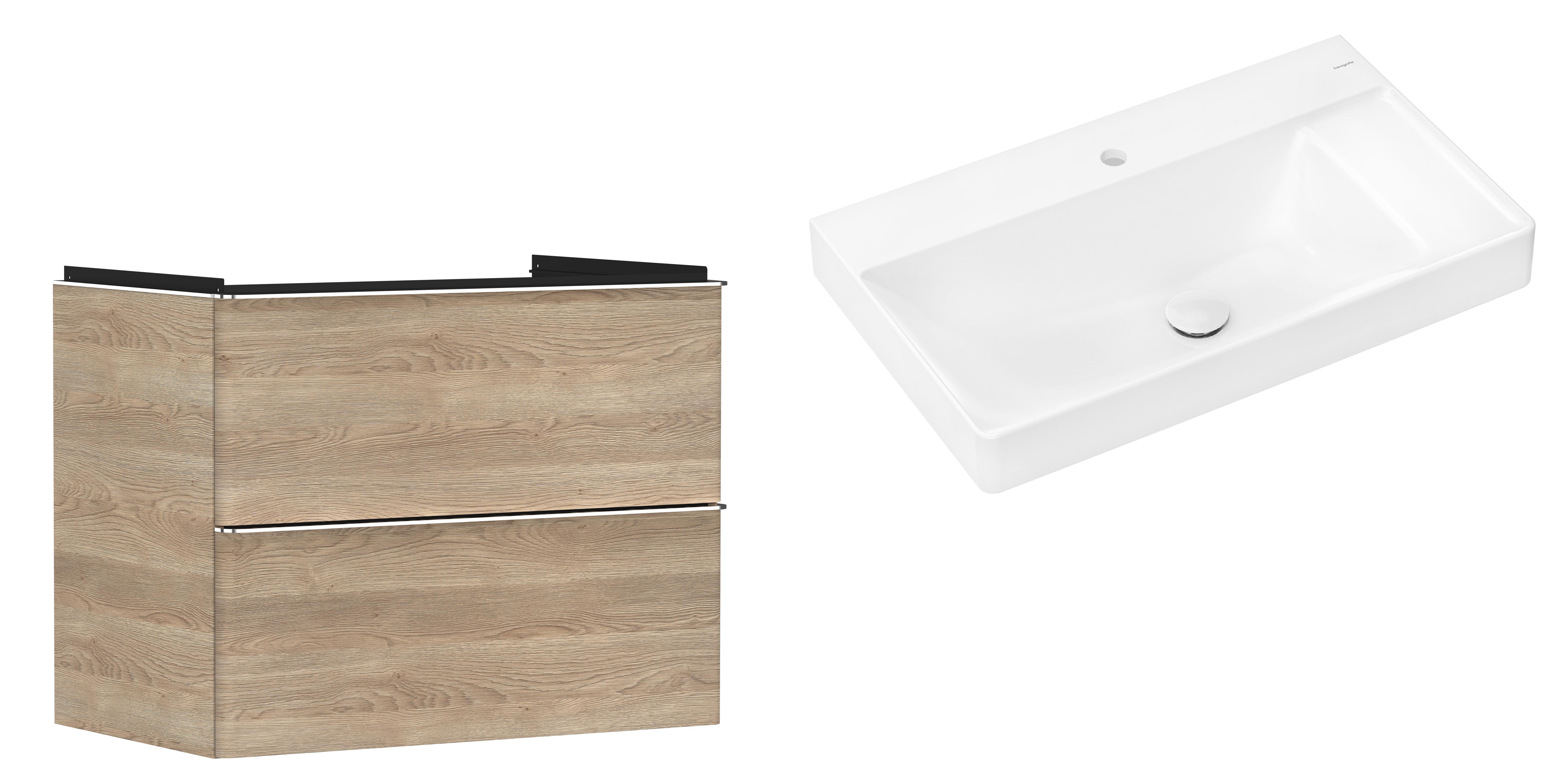 Hansgrohe Xelu Q szafka wisząca z umywalką 80x48 cm naturalny dąb/chrom/biały (54029000, 61024450)